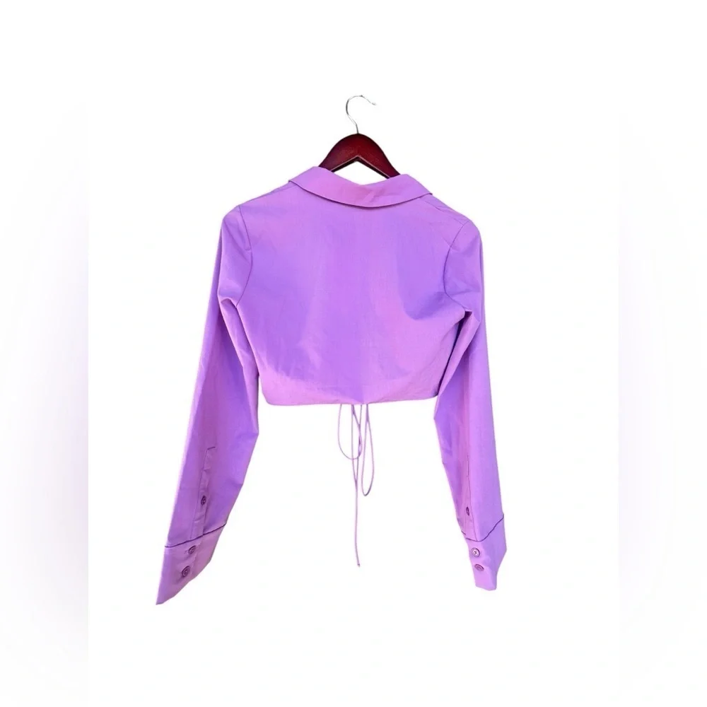 Zara Womens Lavender Lilac Collared Long Sleeve Ring Detail Crop Top Small NWT